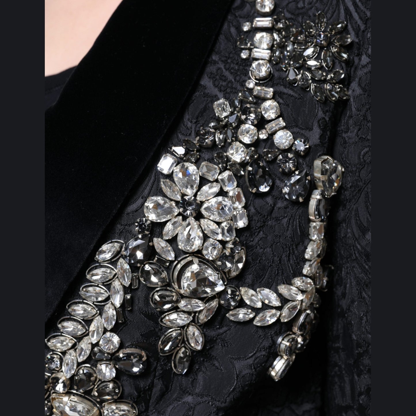 Dolce & Gabbana Black Jacquard Crystal Floral Jacket Blazer