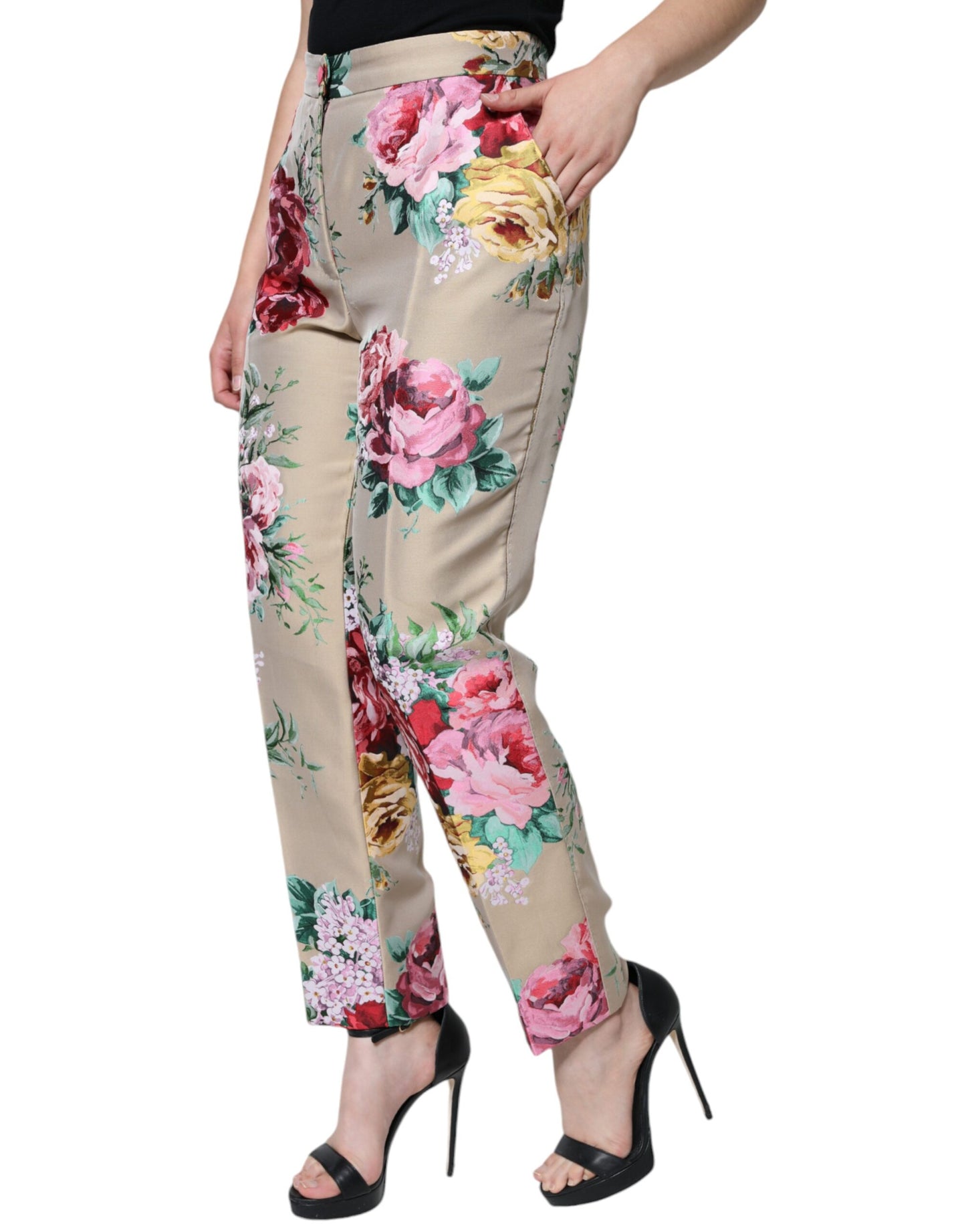 Dolce & Gabbana Beige Floral Jacquard High Waist Tapered Pants Dolce & Gabbana