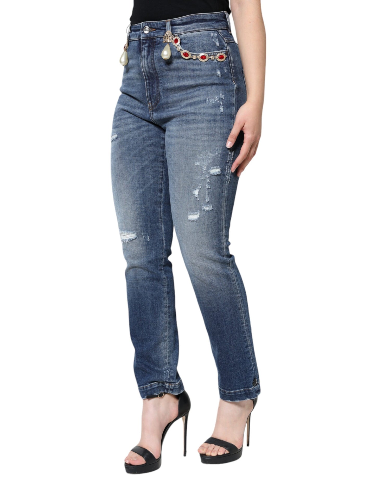 Dolce & Gabbana Dark Blue Cotton Tattered Skinny Denim Jeans Dolce & Gabbana
