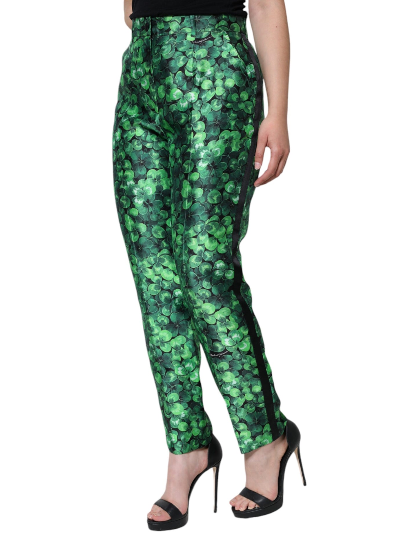 Dolce & Gabbana Green Clover Silk Satin High Waist Tapered Pants Dolce & Gabbana