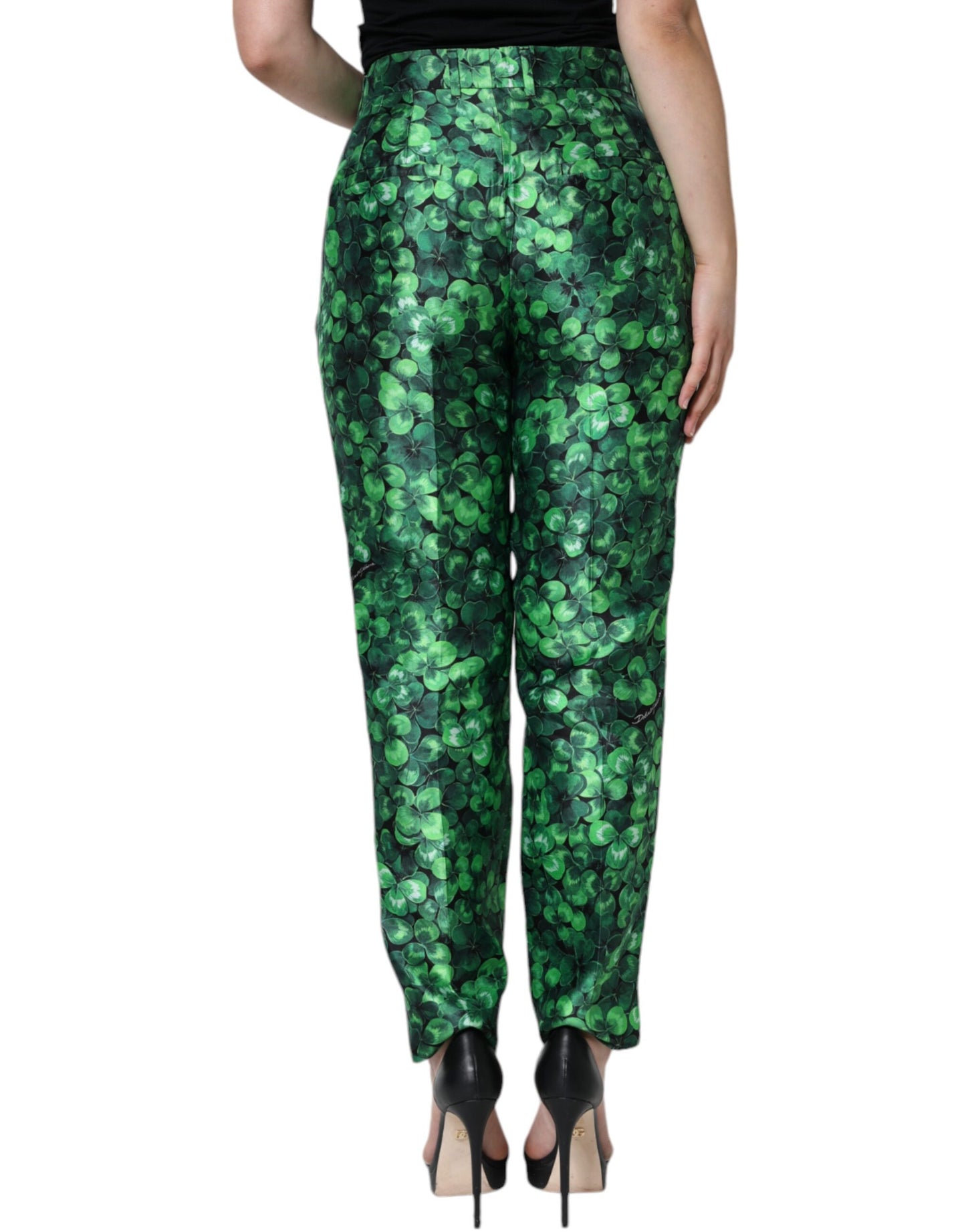 Dolce & Gabbana Green Clover Silk Satin High Waist Tapered Pants Dolce & Gabbana