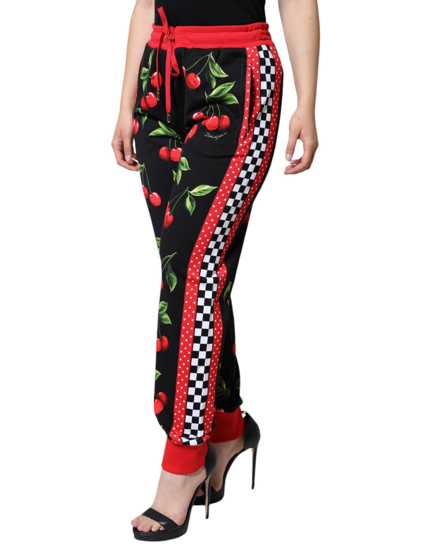 Dolce & Gabbana Black Red Cherry Mid Waist Jogger Pants Dolce & Gabbana