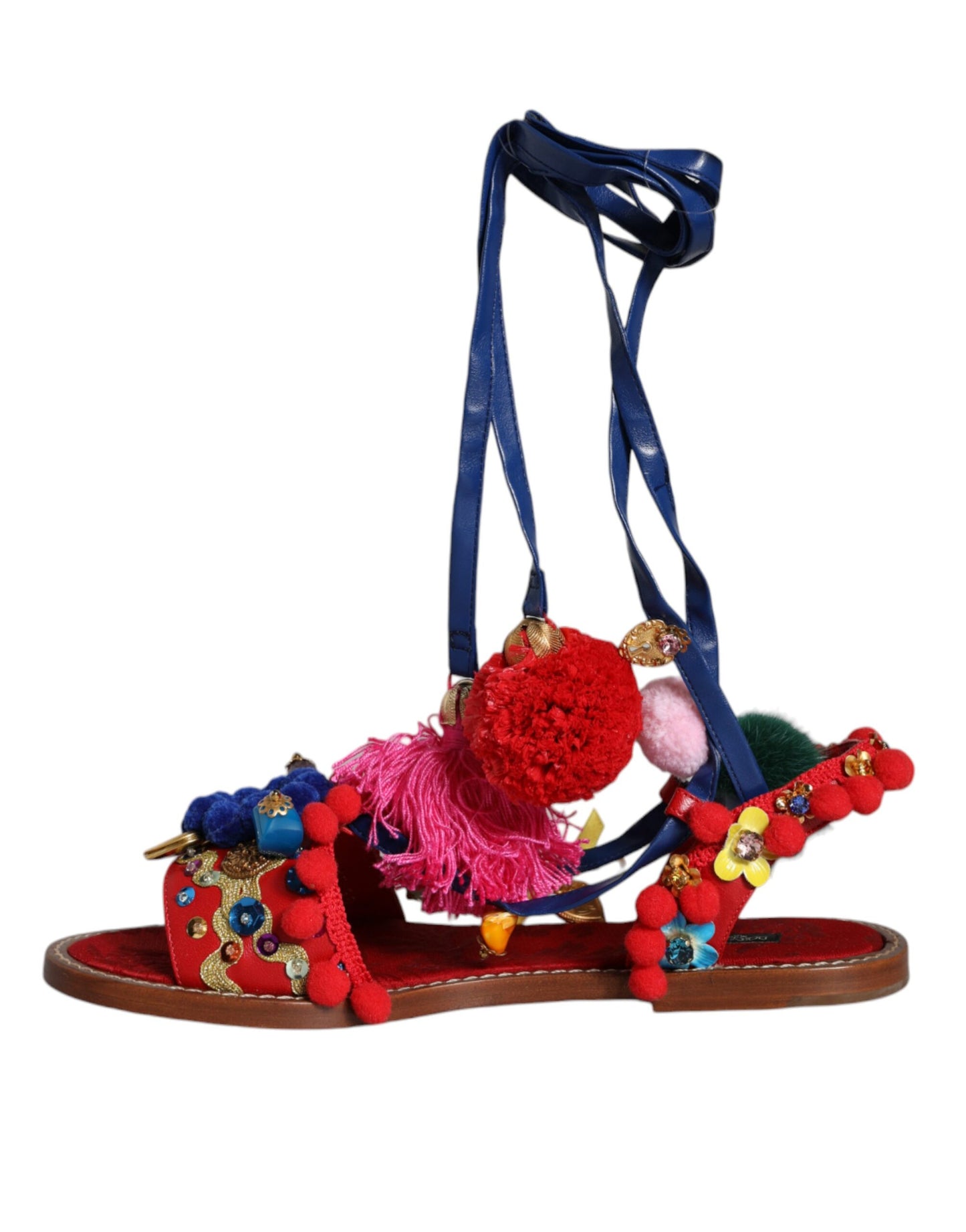 Dolce & Gabbana Multicolor Pom Pom Fur Wrap Sandals Shoes Dolce & Gabbana