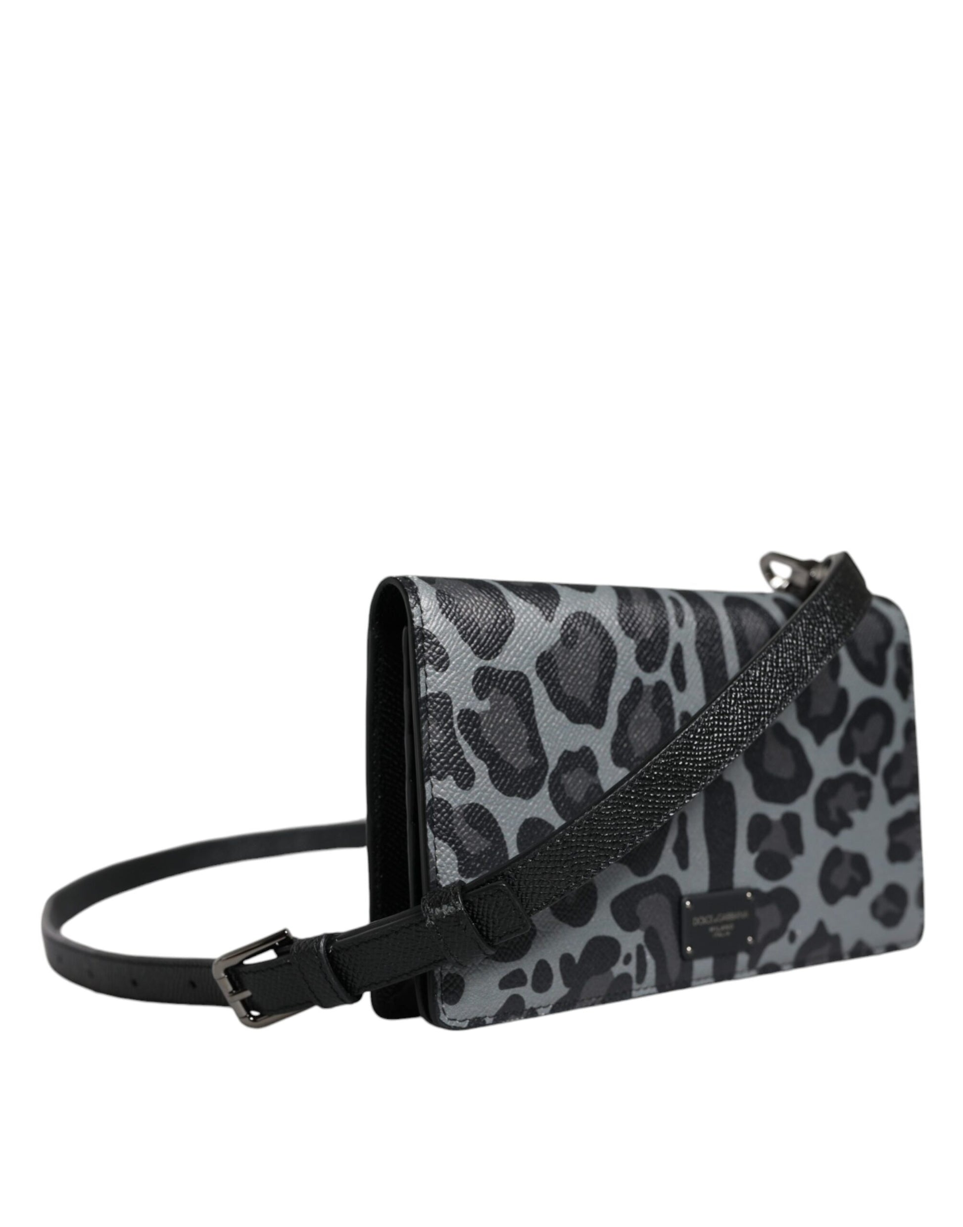 Dolce & Gabbana Black Gray Leopard Leather Bifold Card Slot Crossbody Bag Dolce & Gabbana