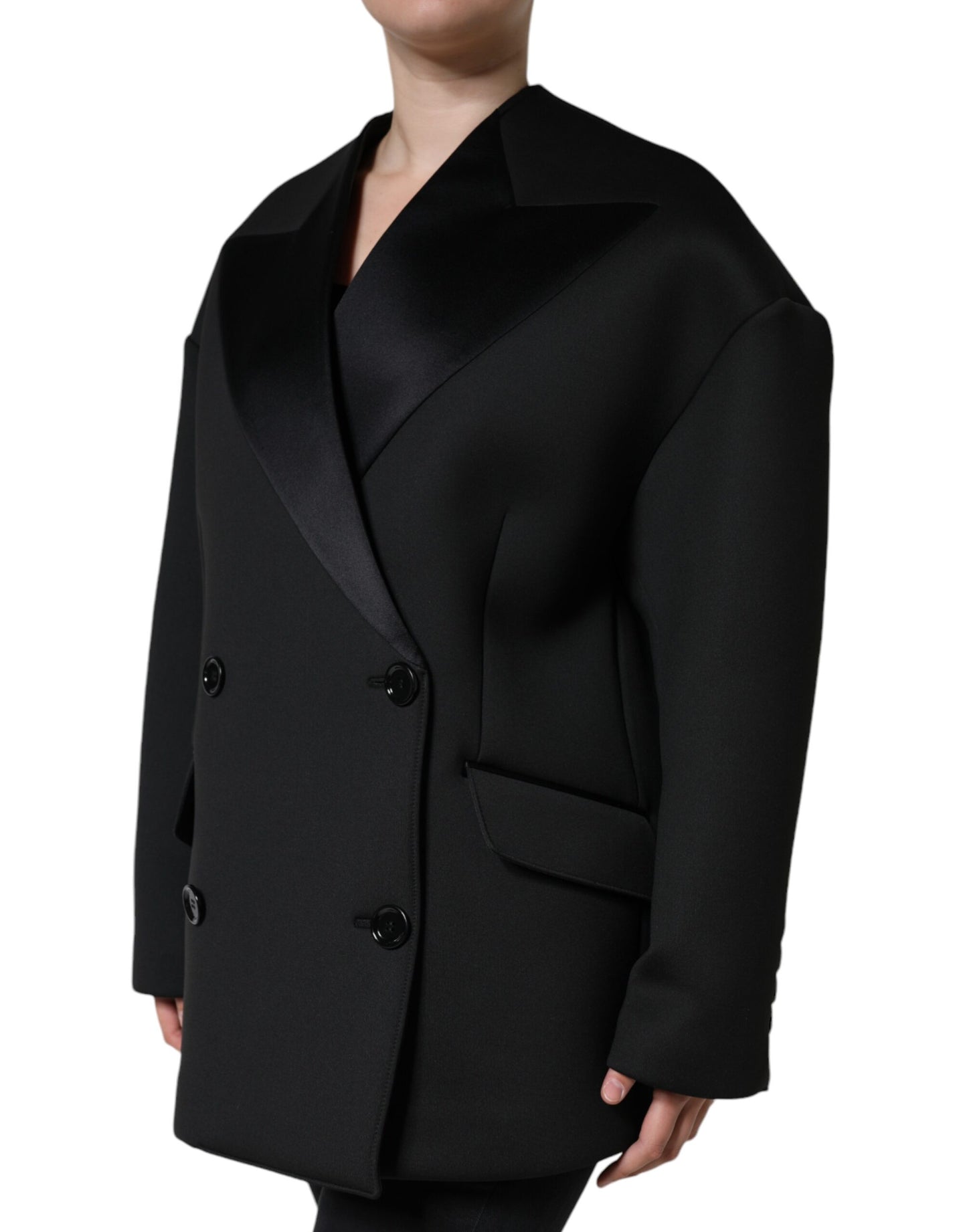 Dolce & Gabbana Black Polyester Double Breasted Coat Jacket Dolce & Gabbana