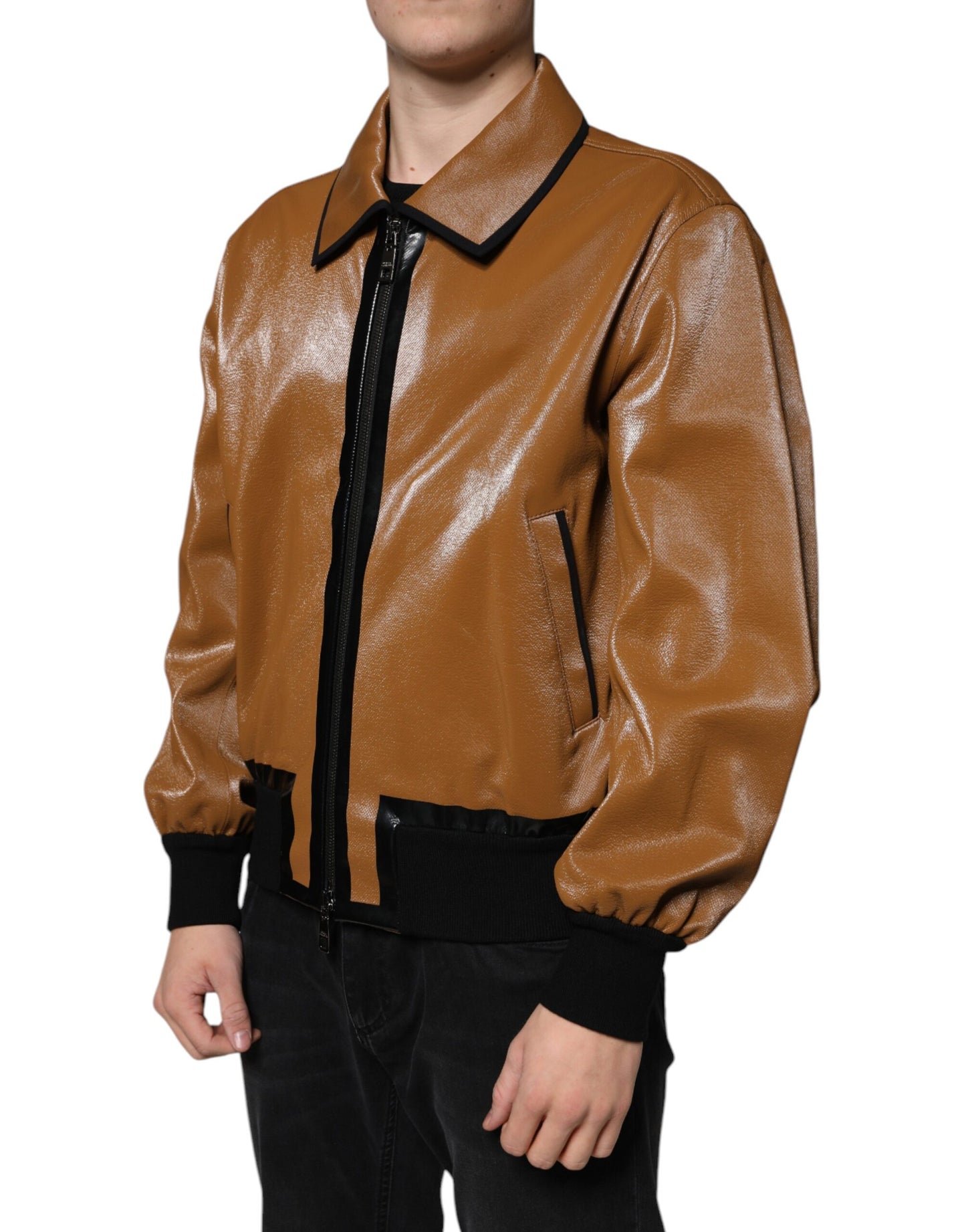 Dolce & Gabbana Brown Leather Full Zip Men Bomber Jacket Dolce & Gabbana