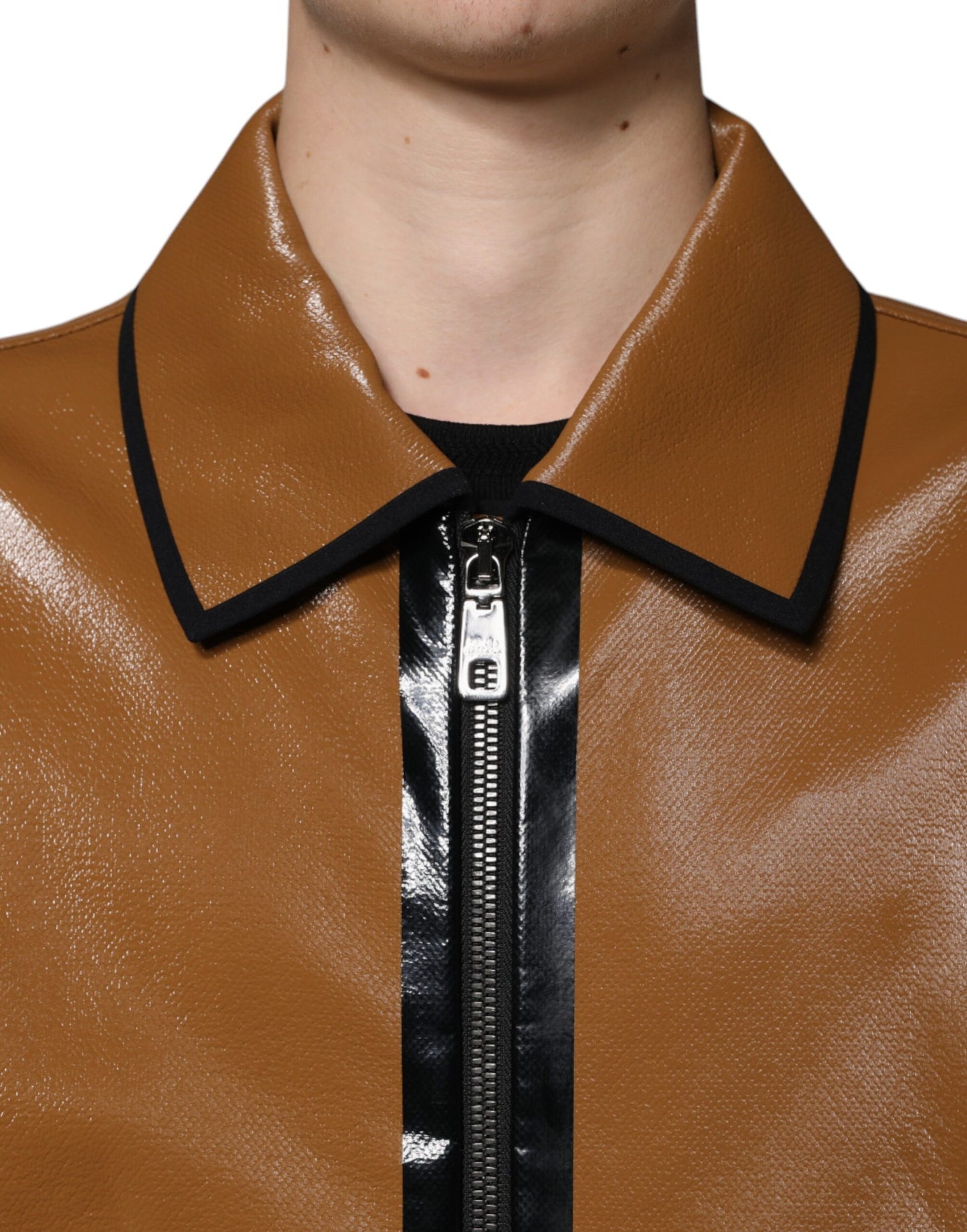 Dolce & Gabbana Brown Leather Full Zip Men Bomber Jacket Dolce & Gabbana
