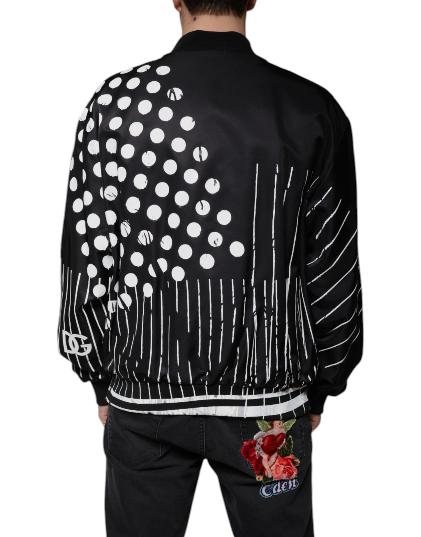 Dolce & Gabbana Black Polka Dot Stripe Nylon Bomber Jacket Dolce & Gabbana