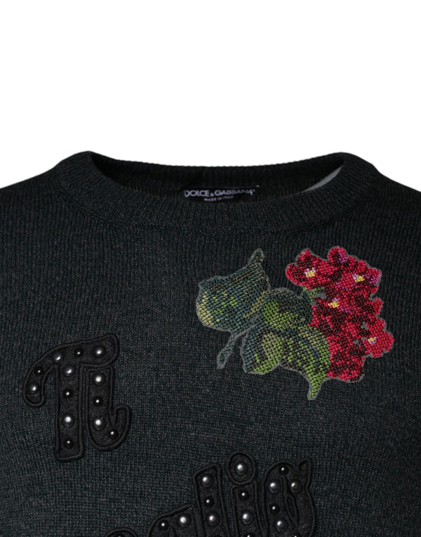 Dolce & Gabbana Gray Embellished Crew Neck Pullover Sweater Dolce & Gabbana