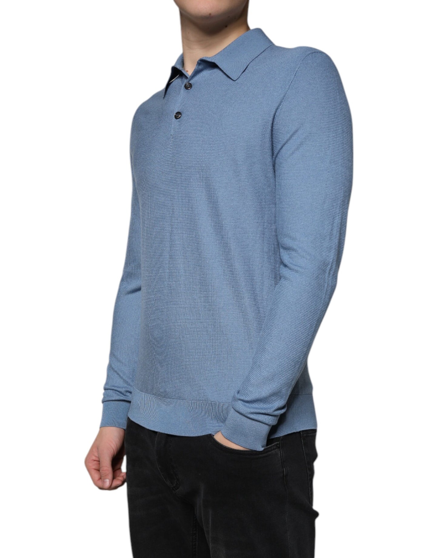 Dolce & Gabbana Sky Blue Silk Collared Men Pullover Sweater Dolce & Gabbana