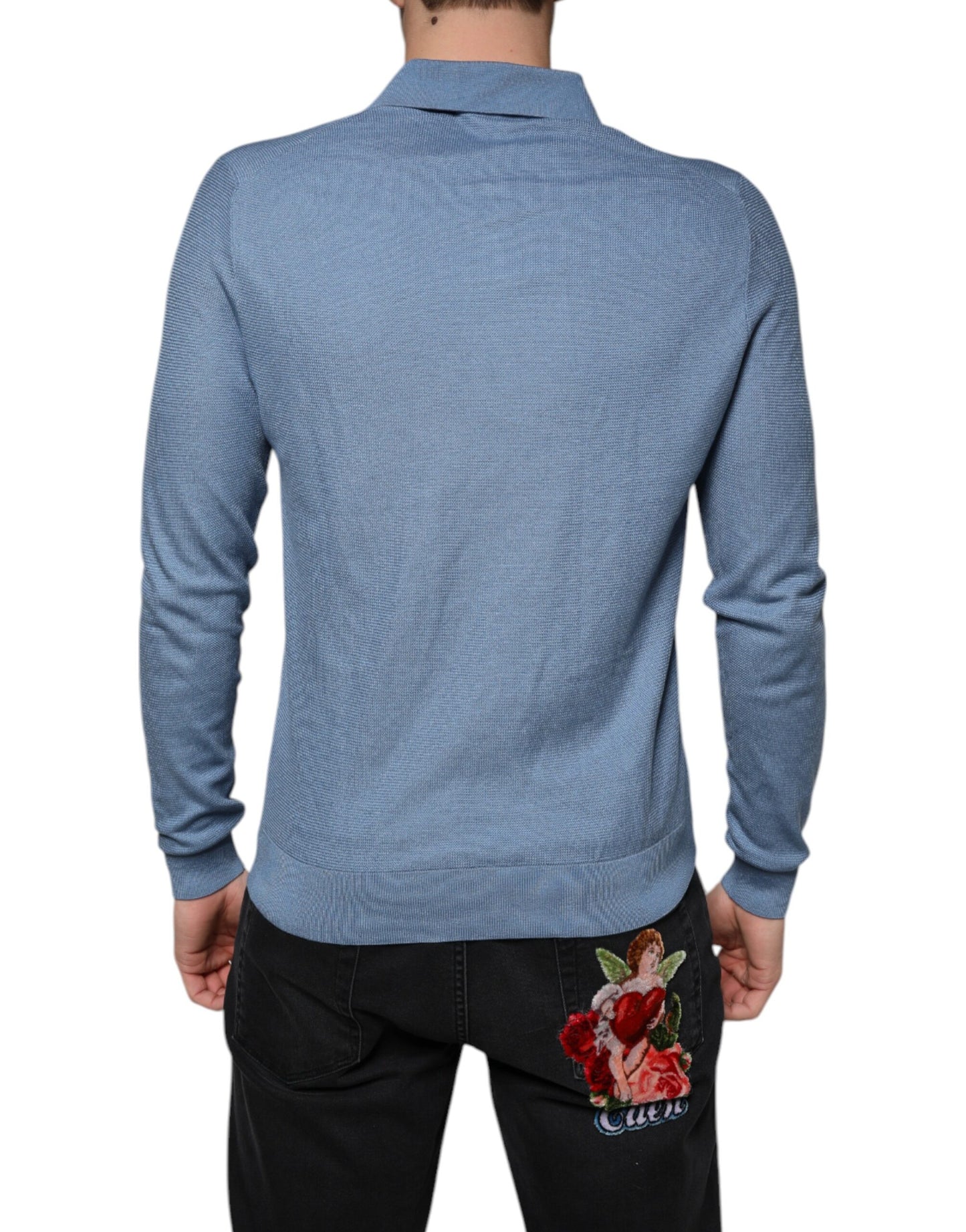 Dolce & Gabbana Sky Blue Silk Collared Men Pullover Sweater Dolce & Gabbana