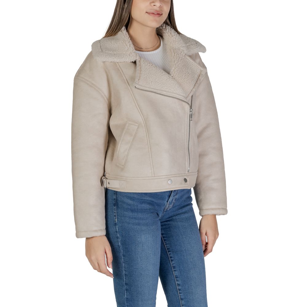 Vila Clothes Beige Artificial Leather Jackets & Coat Vila Clothes