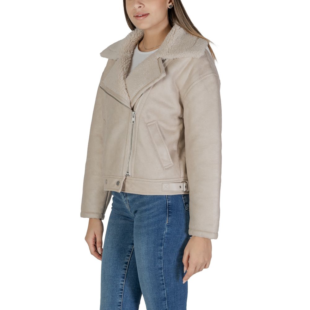 Vila Clothes Beige Artificial Leather Jackets & Coat Vila Clothes