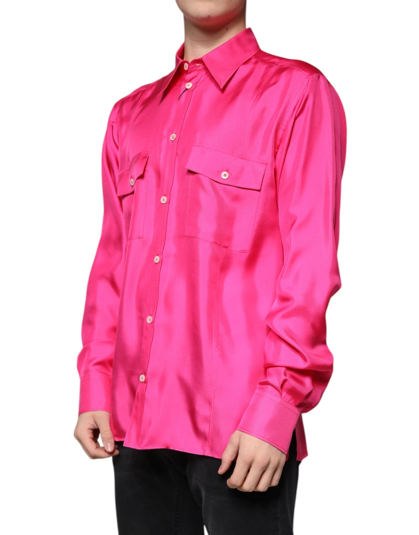 Dolce & Gabbana Pink Silk Collared Button Down Men Shirt Dolce & Gabbana