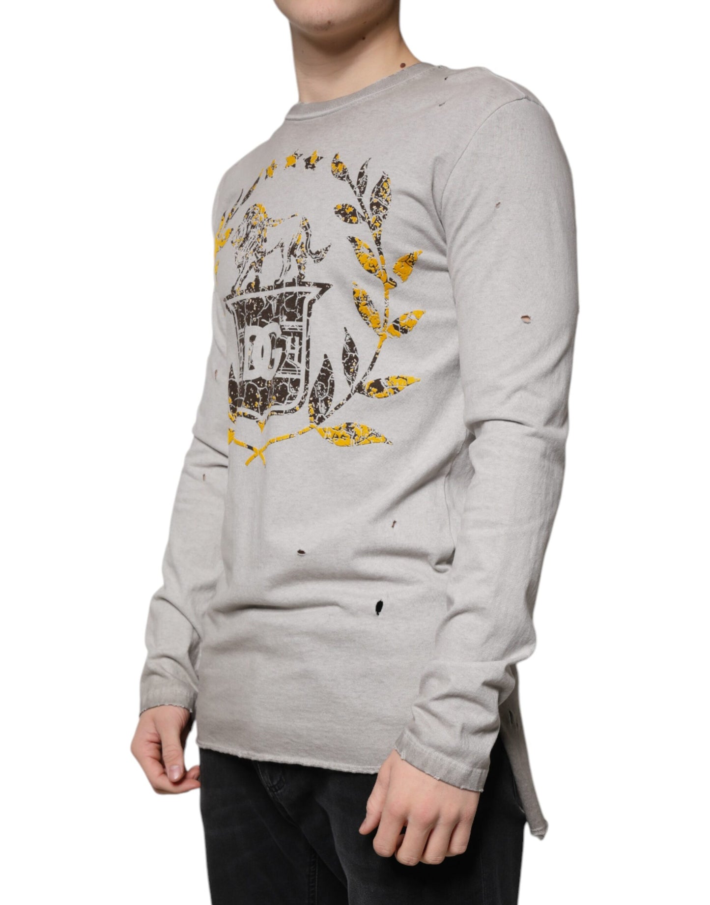Dolce & Gabbana Gray Printed Cotton Crewneck Pullover Sweater Dolce & Gabbana