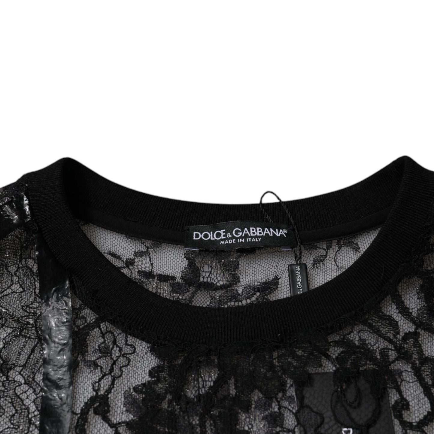 Dolce & Gabbana Black Nylon Floral Lace Crew Neck T-shirt
