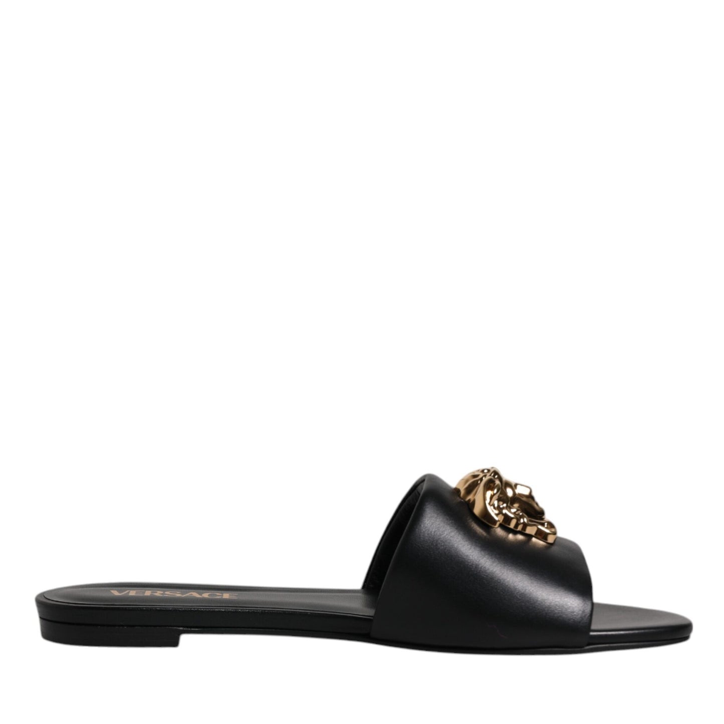 Versace Black Leather Logo Plaque Slip On Slides Flats Shoes Versace
