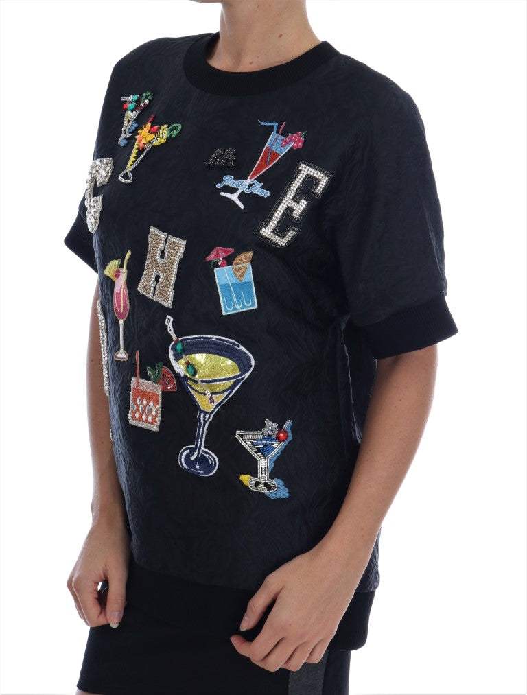 Dolce & Gabbana Black Brocade Cocktail Crystal Sweater Dolce & Gabbana