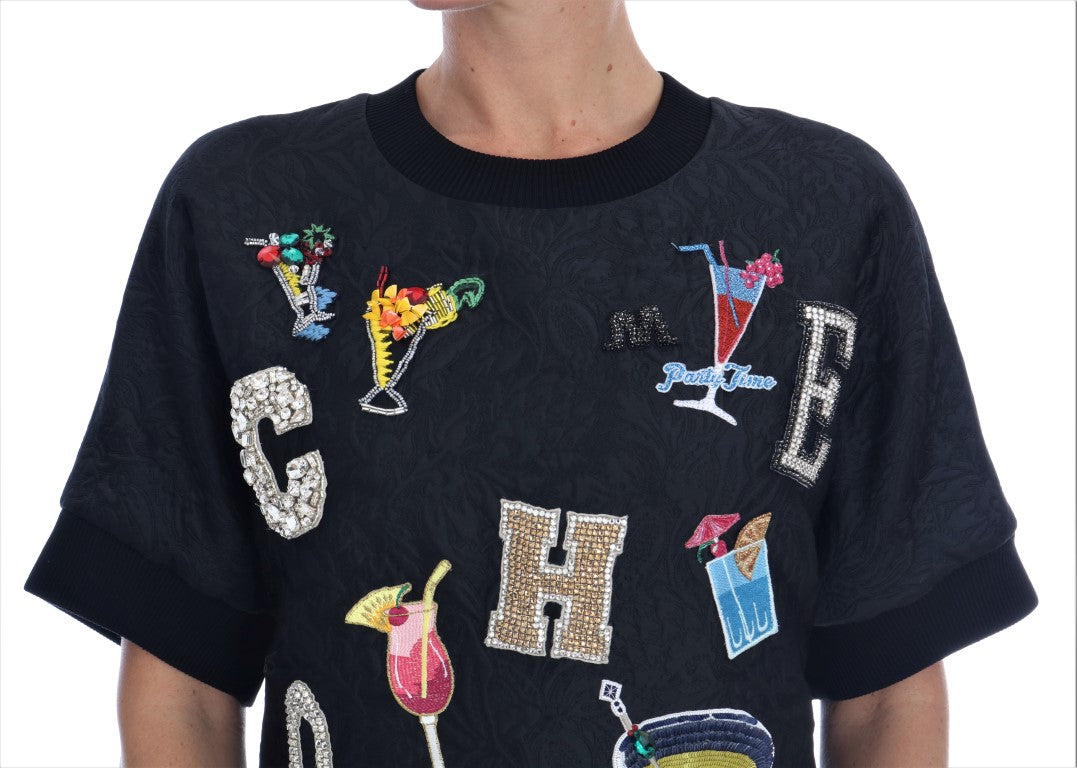 Dolce & Gabbana Black Brocade Cocktail Crystal Sweater Dolce & Gabbana
