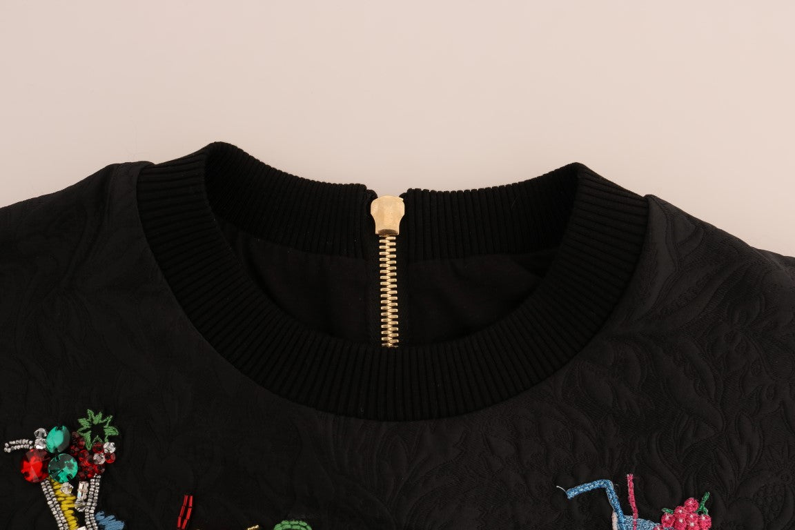 Dolce & Gabbana Black Brocade Cocktail Crystal Sweater Dolce & Gabbana