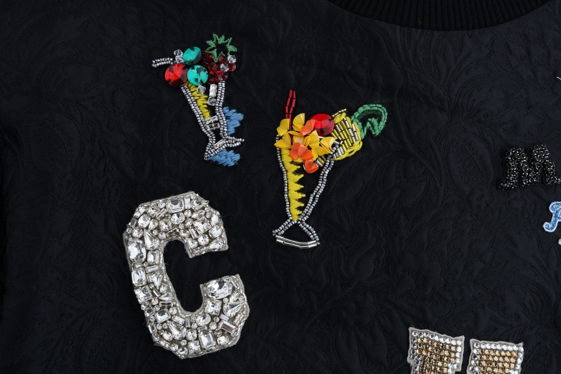 Dolce & Gabbana Black Brocade Cocktail Crystal Sweater Dolce & Gabbana