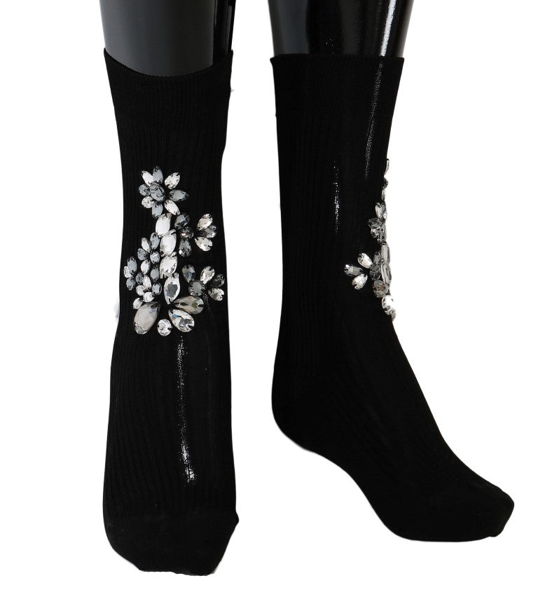 Dolce & Gabbana Black Knitted Floral Clear Crystal Socks Dolce & Gabbana