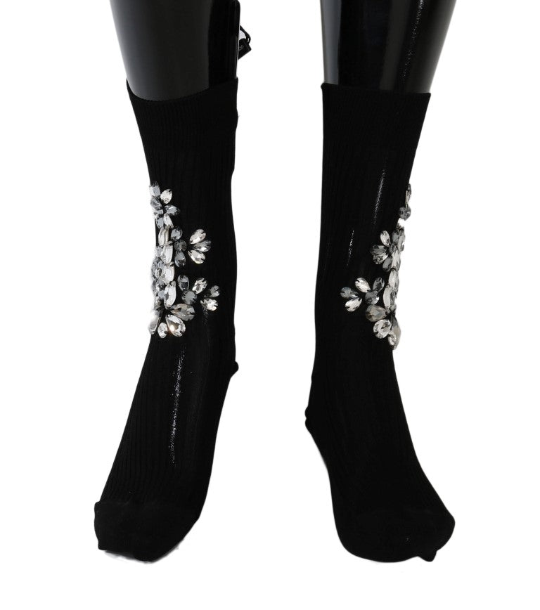 Dolce & Gabbana Black Knitted Floral Clear Crystal Socks Dolce & Gabbana