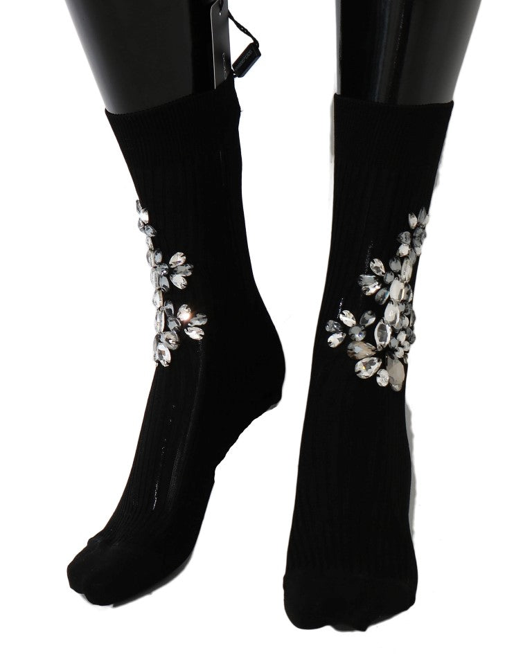 Dolce & Gabbana Black Knitted Floral Clear Crystal Socks Dolce & Gabbana
