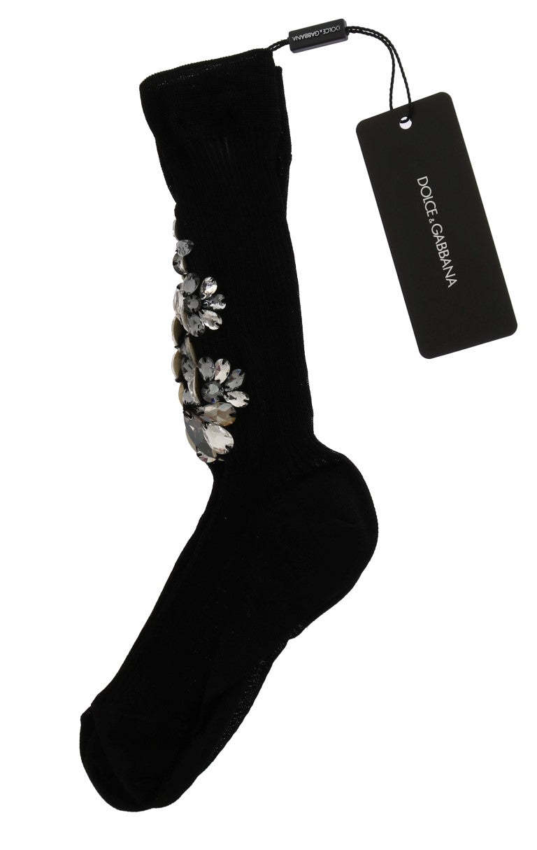 Dolce & Gabbana Black Knitted Floral Clear Crystal Socks Dolce & Gabbana