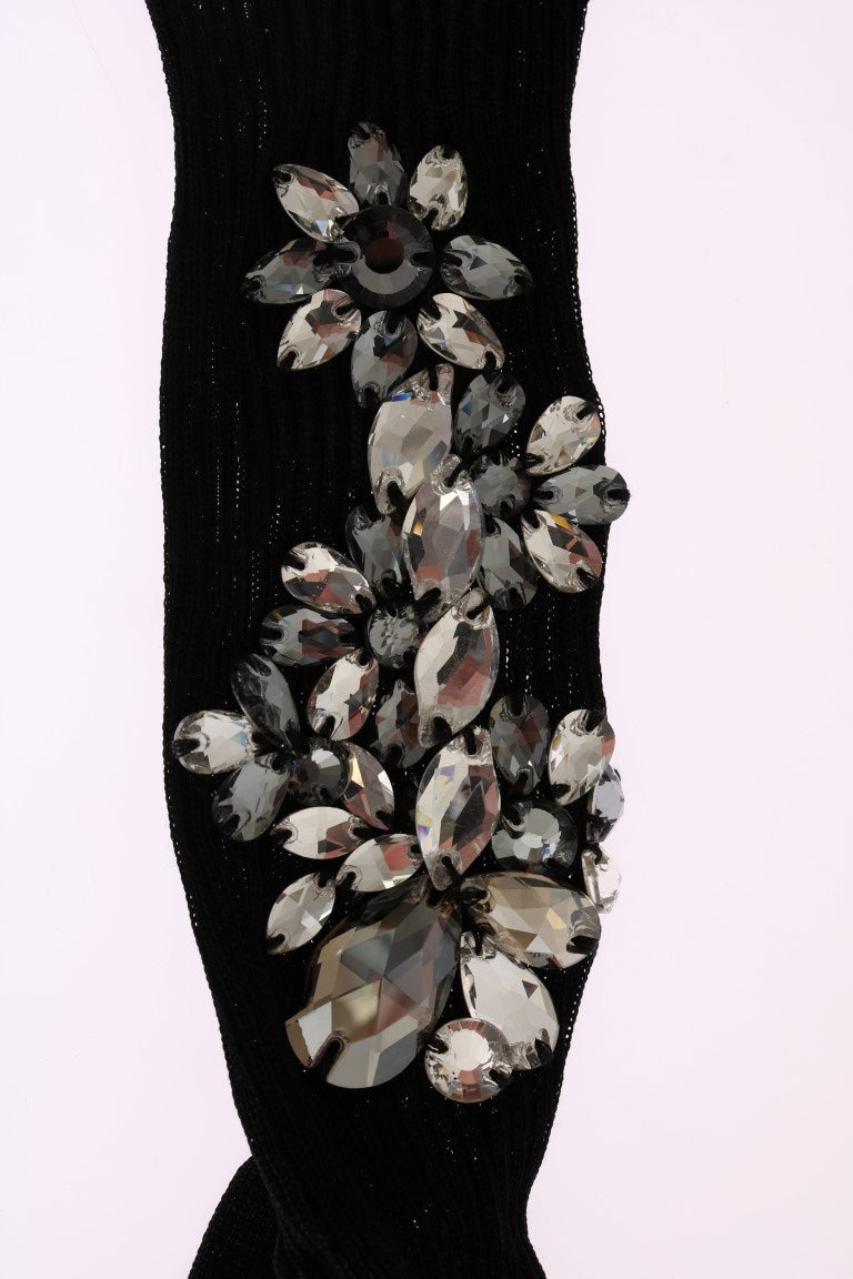 Dolce & Gabbana Black Knitted Floral Clear Crystal Socks Dolce & Gabbana