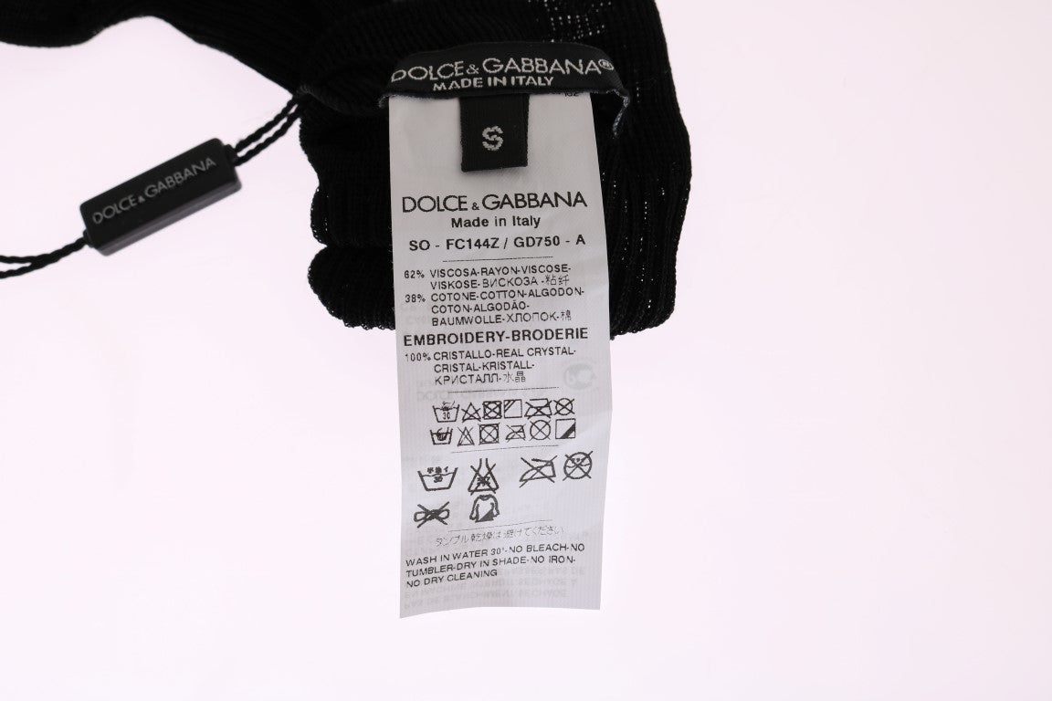 Dolce & Gabbana Black Knitted Floral Clear Crystal Socks Dolce & Gabbana
