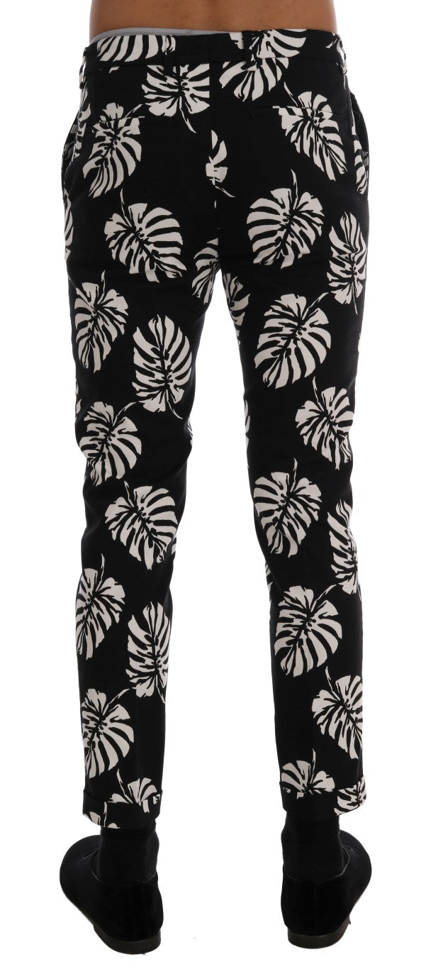 Dolce & Gabbana White Black Leaf Cotton Stretch Slim Pants Dolce & Gabbana
