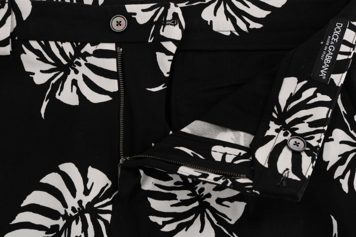 Dolce & Gabbana White Black Leaf Cotton Stretch Slim Pants Dolce & Gabbana