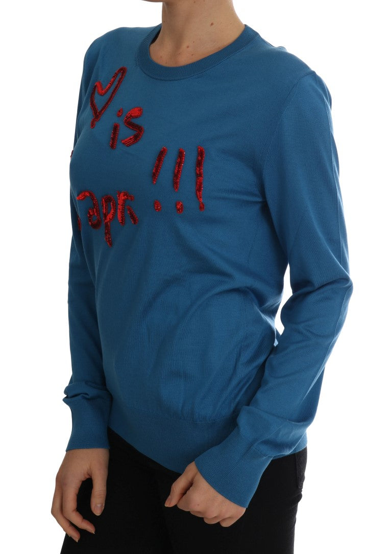 Dolce & Gabbana Blue Silk Love is Pullover Sweater Dolce & Gabbana