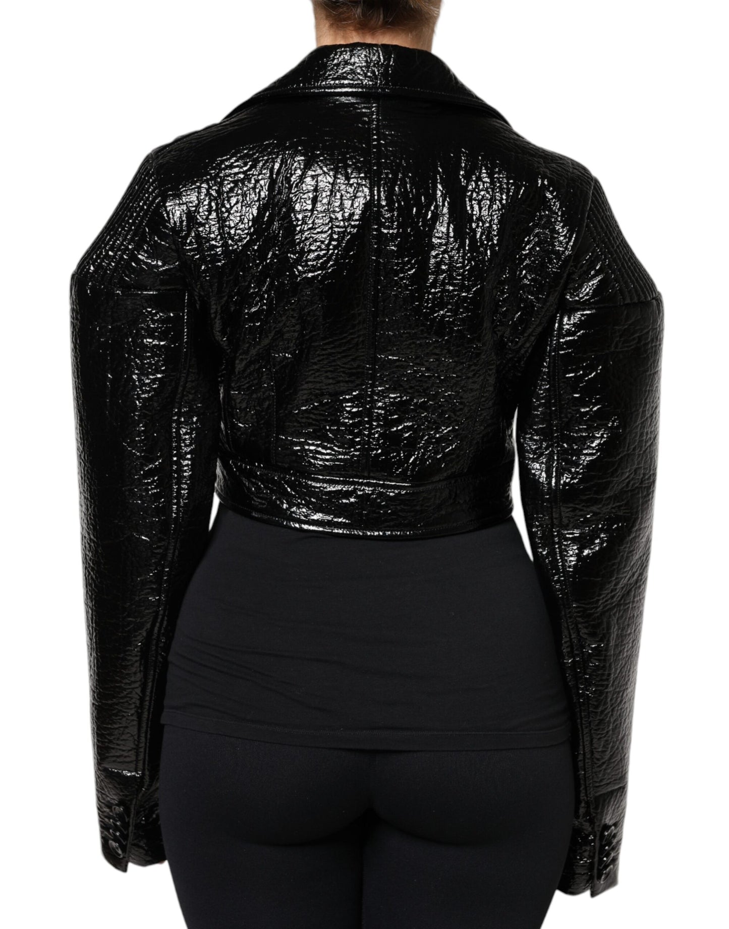 Dolce & Gabbana Black Leather Cropped Long Sleeve Coat Jacket Dolce & Gabbana