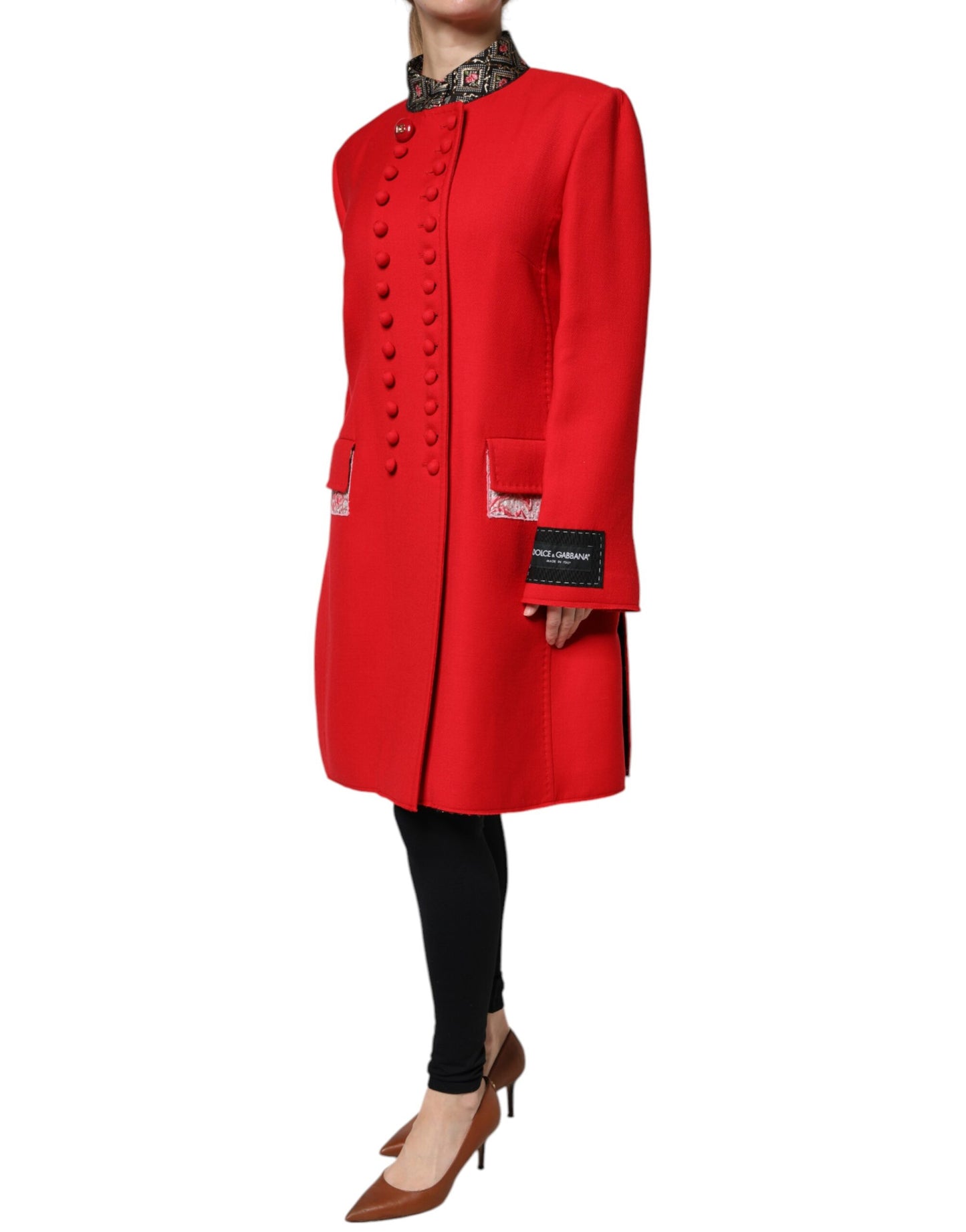 Dolce & Gabbana Red Jacquard Wool Women Trenchcoat Jacket Dolce & Gabbana