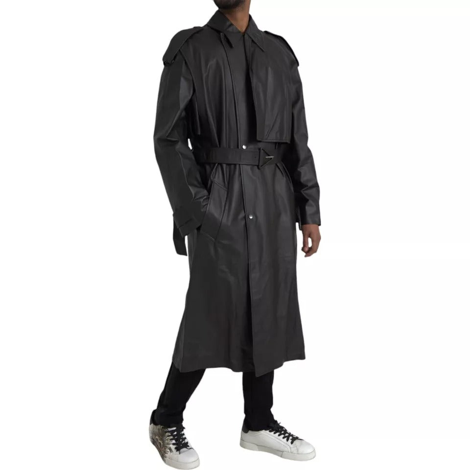 Bottega Veneta Black Leather Men Waterproof Trenchcoat Jacket Bottega Veneta