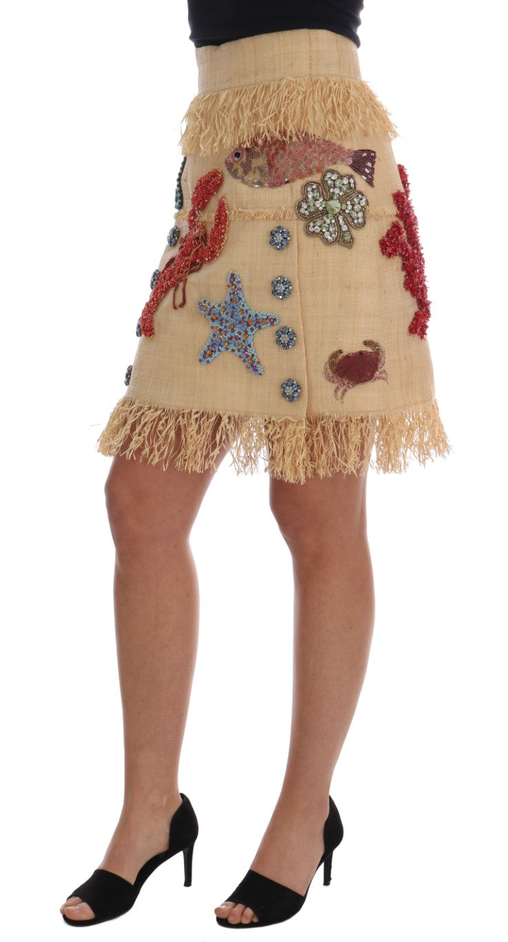 Dolce & Gabbana Crystal Beige Palm Fiber Skirt Dolce & Gabbana