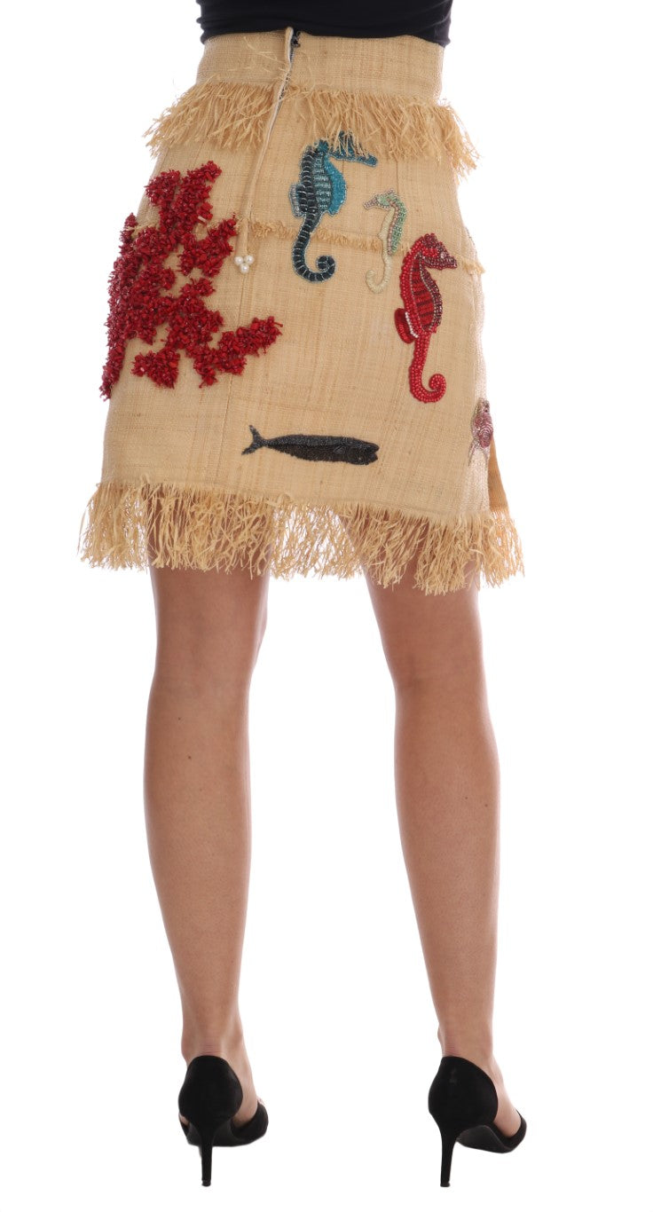 Dolce & Gabbana Crystal Beige Palm Fiber Skirt Dolce & Gabbana