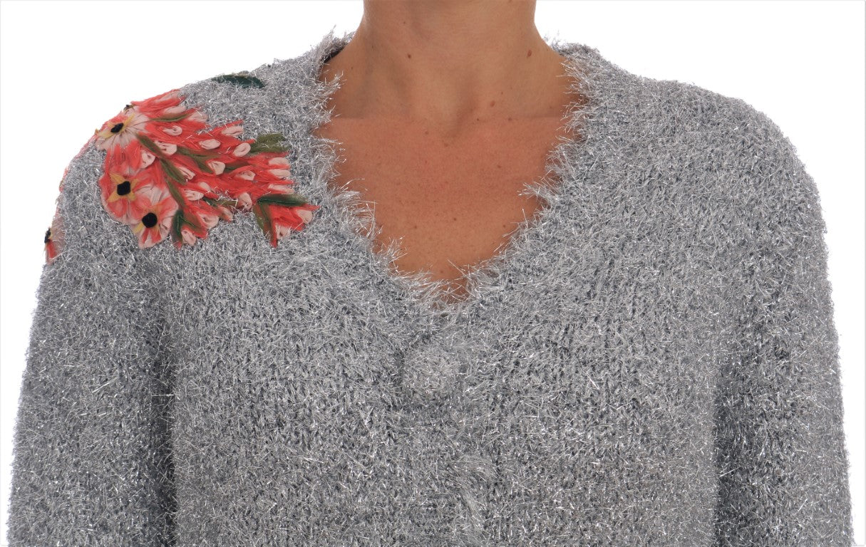 Dolce & Gabbana Silver Cardigan Floral Applique Sweater Dolce & Gabbana