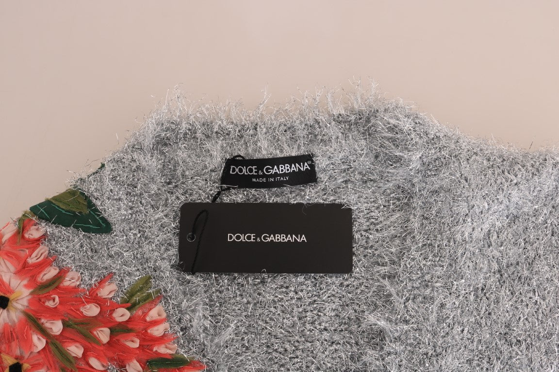 Dolce & Gabbana Silver Cardigan Floral Applique Sweater Dolce & Gabbana