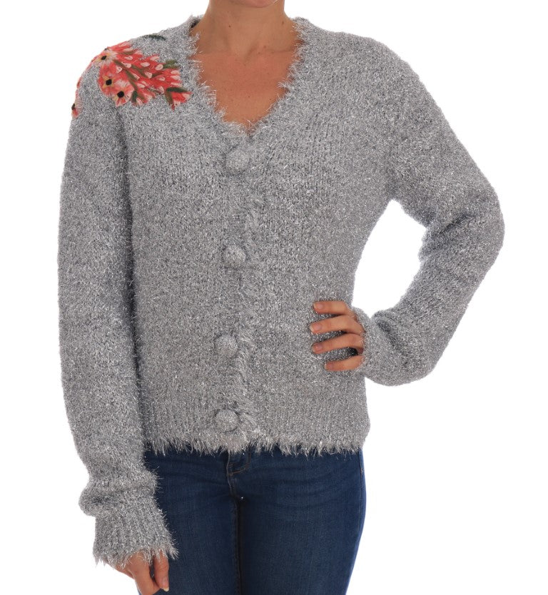 Dolce & Gabbana Silver Cardigan Floral Applique Sweater Dolce & Gabbana