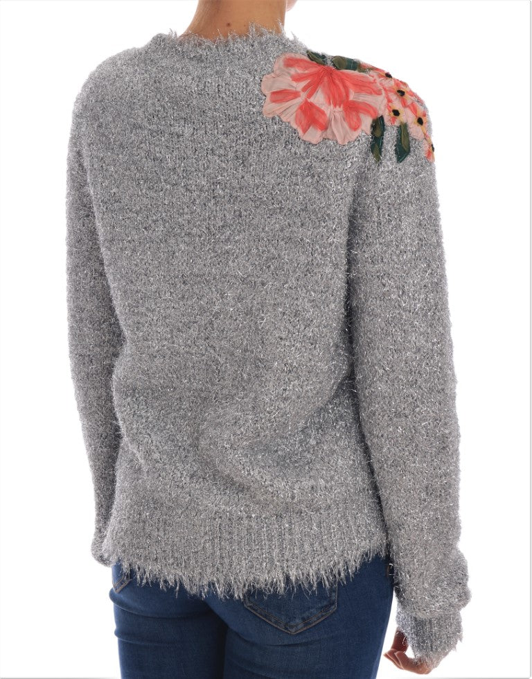 Dolce & Gabbana Silver Cardigan Floral Applique Sweater Dolce & Gabbana
