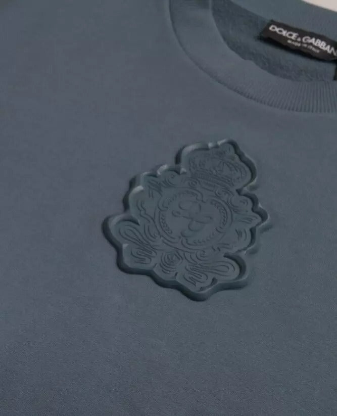 Dolce & Gabbana Blue Cotton Logo Patch Crew Neck Men Pullover Sweater Dolce & Gabbana