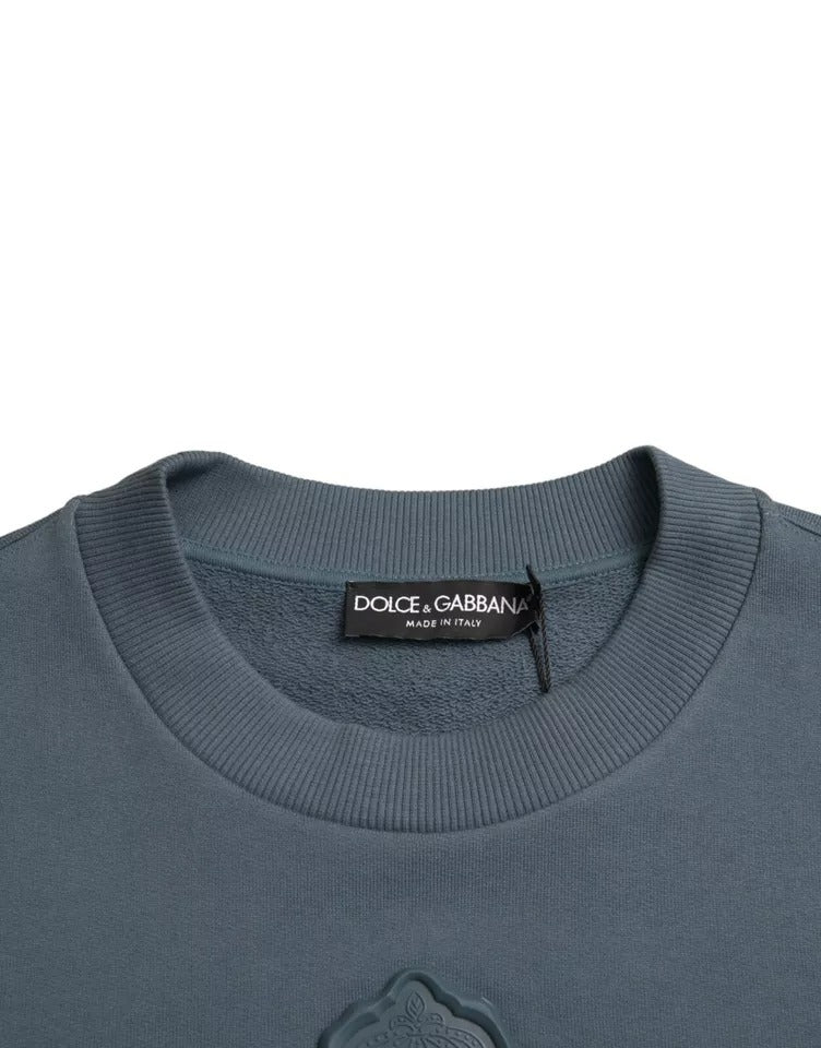 Dolce & Gabbana Blue Cotton Logo Patch Crew Neck Men Pullover Sweater Dolce & Gabbana