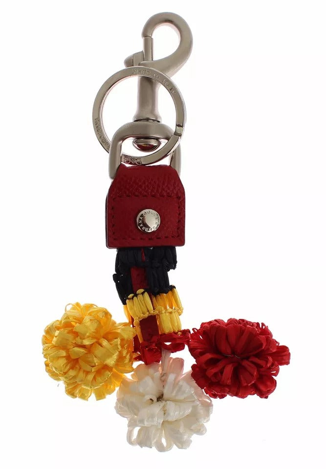 Dolce & Gabbana Silver Brown Raffia Leather Clasp Finder Chain Keyring Dolce & Gabbana
