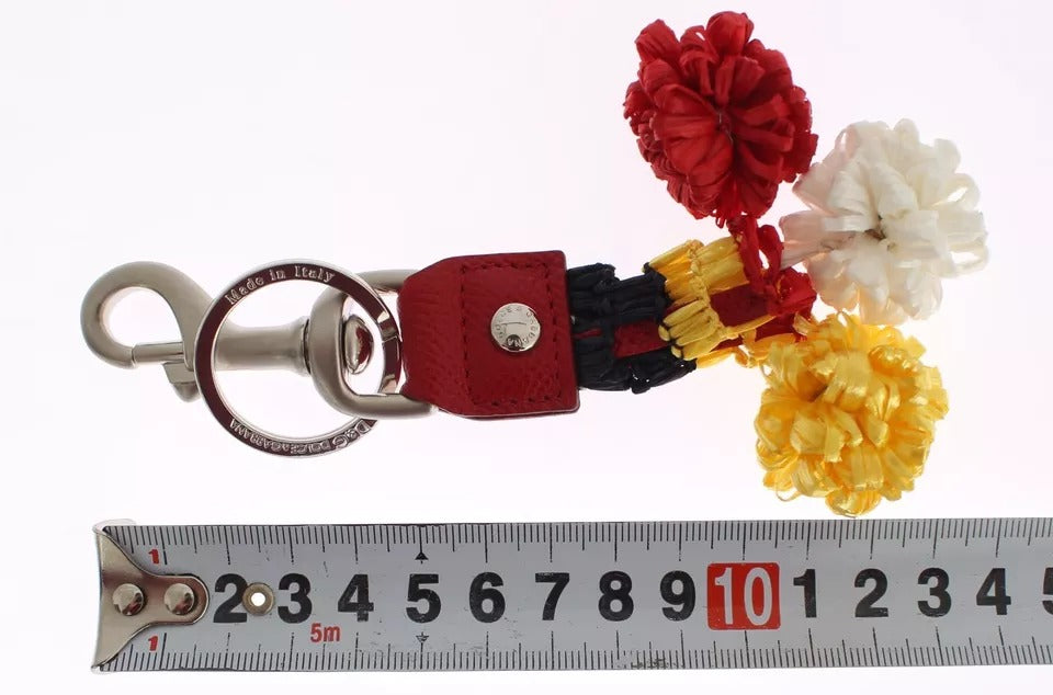 Dolce & Gabbana Silver Brown Raffia Leather Clasp Finder Chain Keyring Dolce & Gabbana