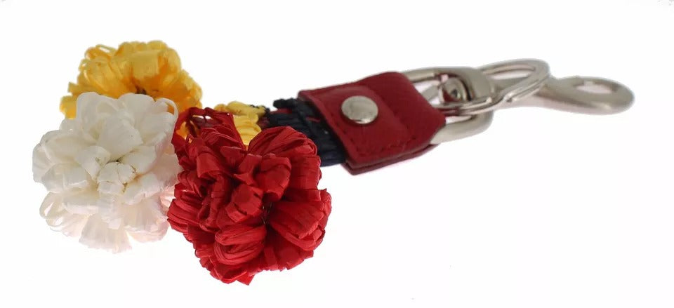 Dolce & Gabbana Silver Brown Raffia Leather Clasp Finder Chain Keyring Dolce & Gabbana