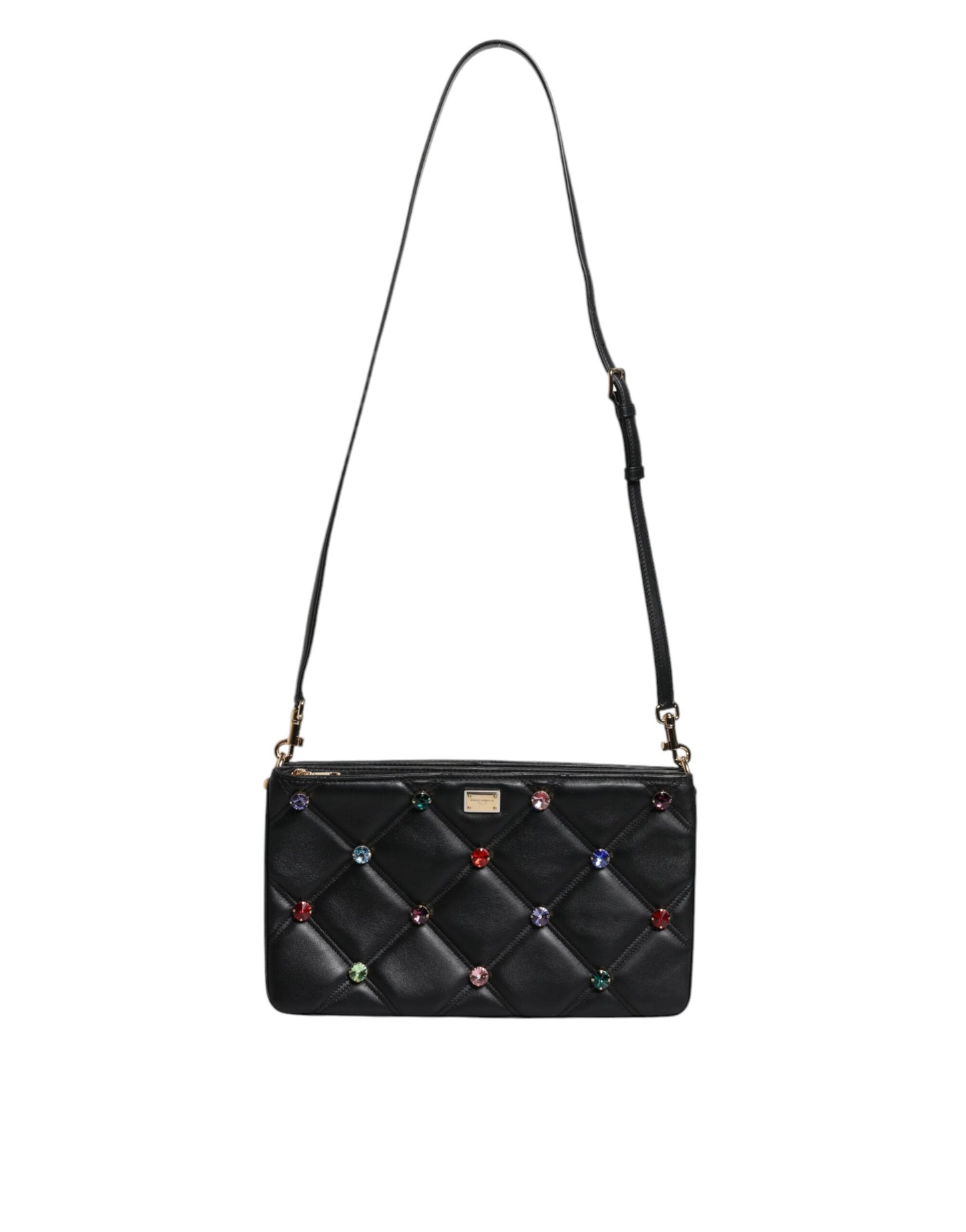 Dolce & Gabbana Black Leather Crystal Embellished Logo Shoulder Bag Dolce & Gabbana