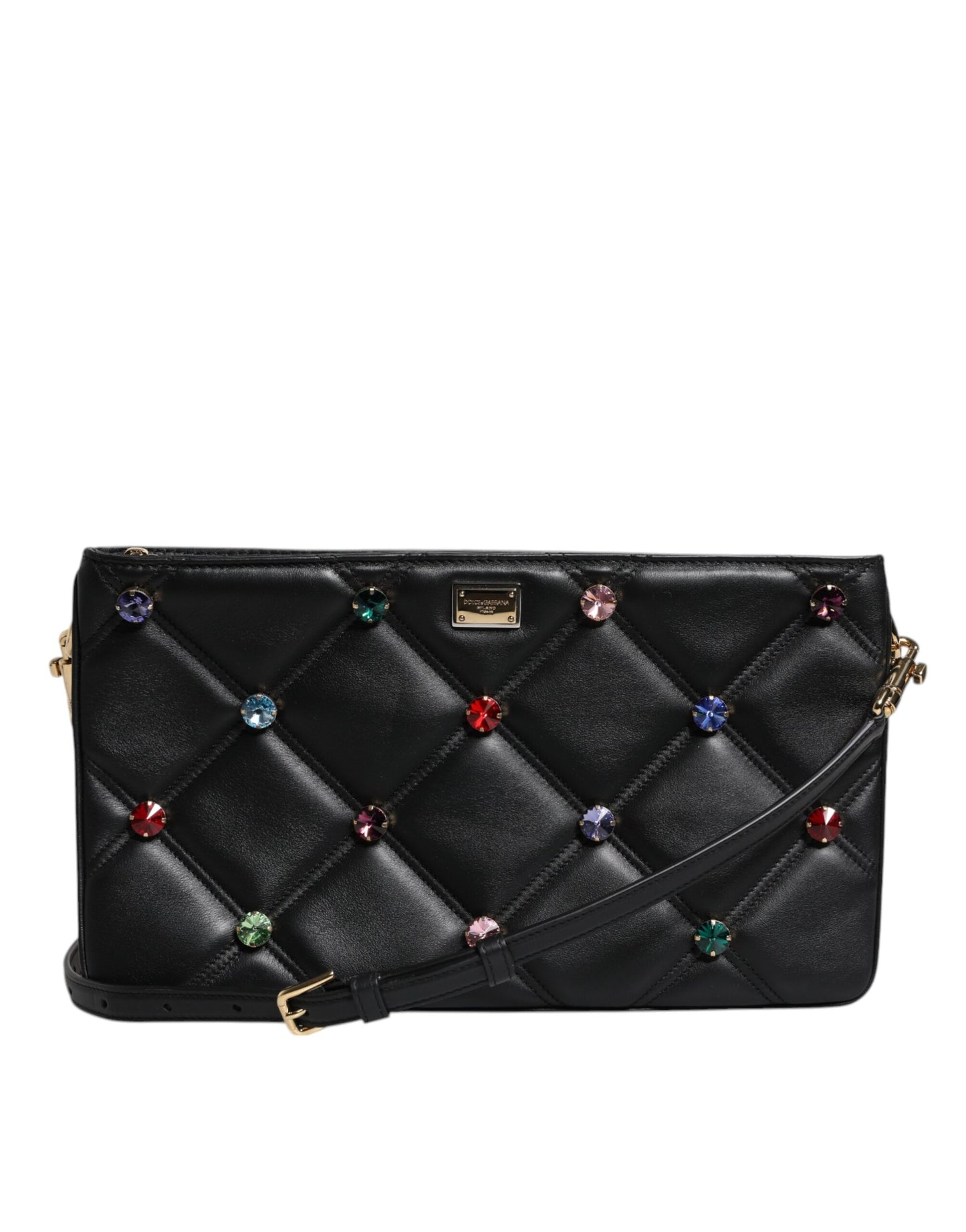 Dolce & Gabbana Black Leather Crystal Embellished Logo Shoulder Bag Dolce & Gabbana